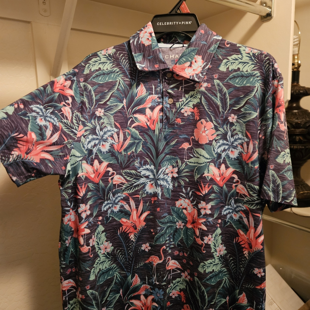 Chaps Men’s Floral Print Polo Shirt - Navy with Coral & Teal